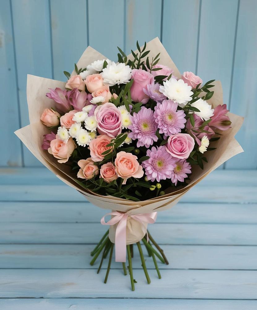 Букет цветов из: Хризантемы, Розы и Альстромерии в Курьи