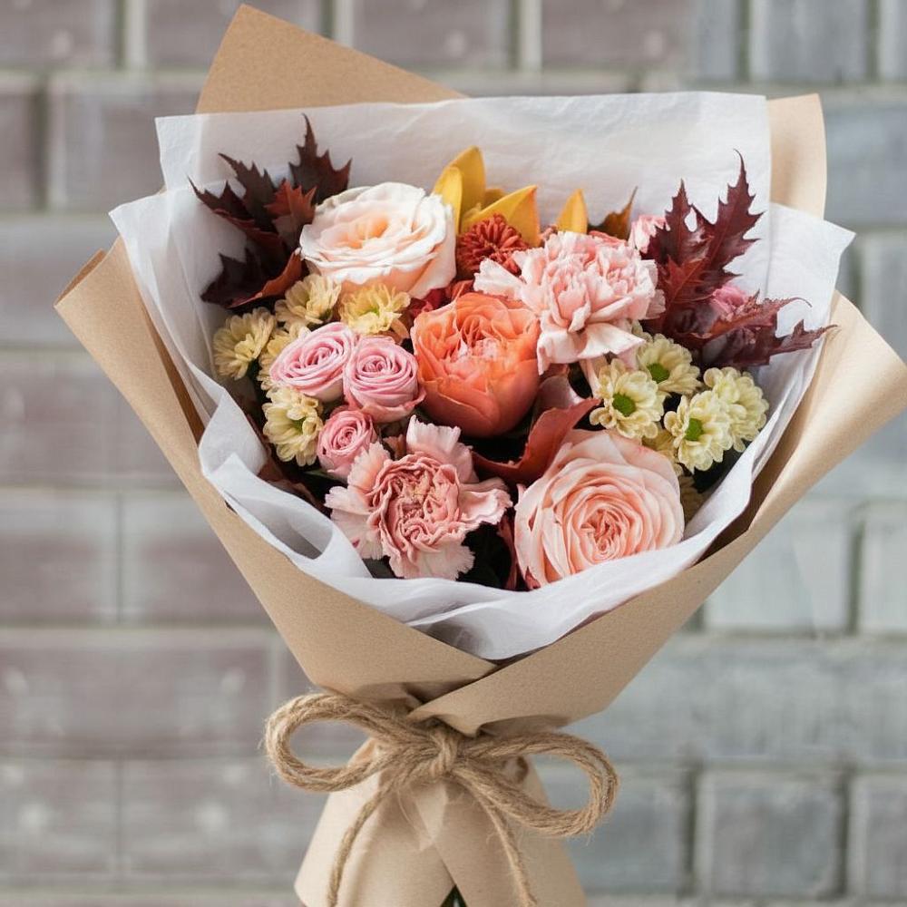 Букет цветов из: Гвоздики, Хризантемы и Розы в Курьи