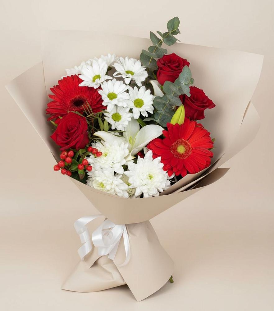 Букет цветов из: Розы, Хризантемы, Герберы и Лилии в Курьи