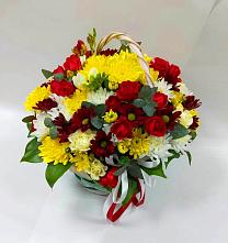 Цветочная композиция из Хризантемы и Розы в корзине в Курьи