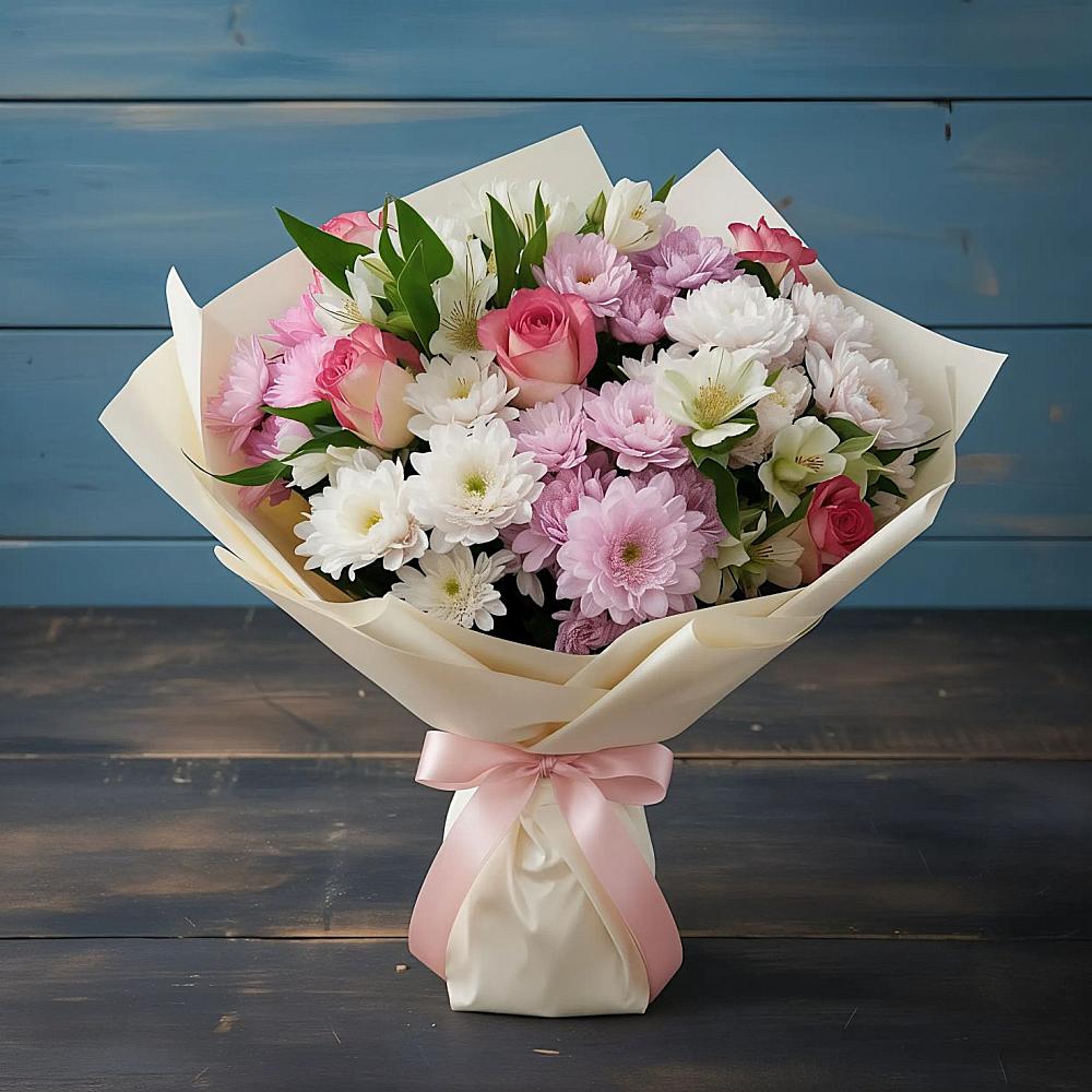 Букет цветов из: Хризантемы, Альстромерии и Розы в Курьи